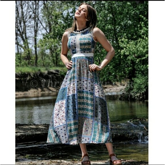 La Diosa patchwork open stitch fit & flare midi dress multicolor - Picture 2 of 6